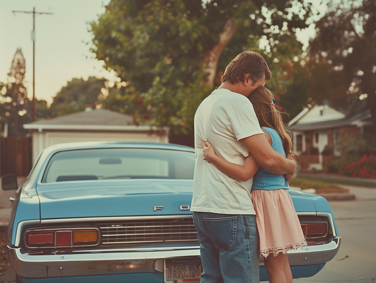 A man hugging his teenage daughter next to a car