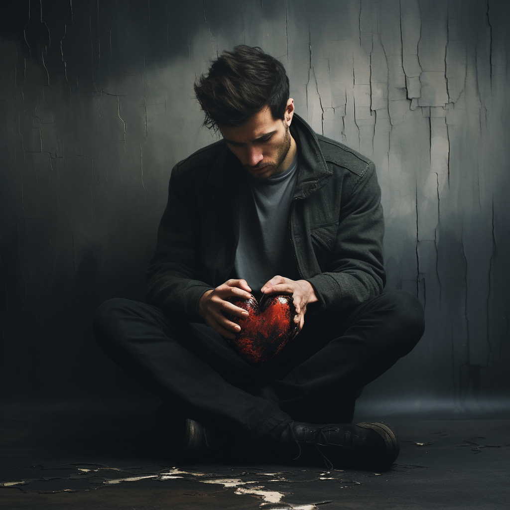 Man sitting on the floor holding a large red heart