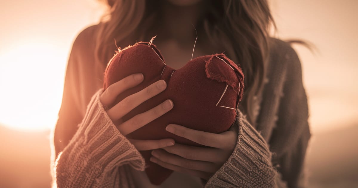 A woman holding a stitched felt heart