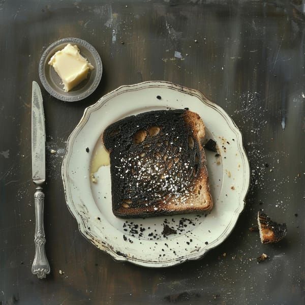 A plate with a slice of burnt toast, butter and a silver knife