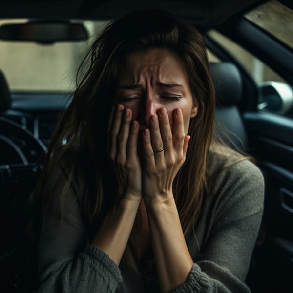 A woman sobbing in her car