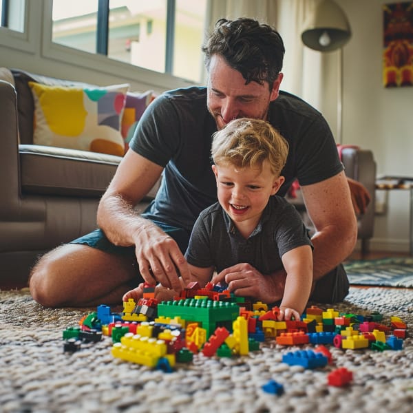 Step-father and step-son playing with Lego on the floor