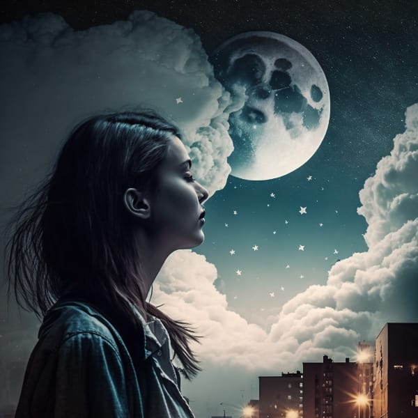 Woman standing under the moonlight, calm and eyes shut