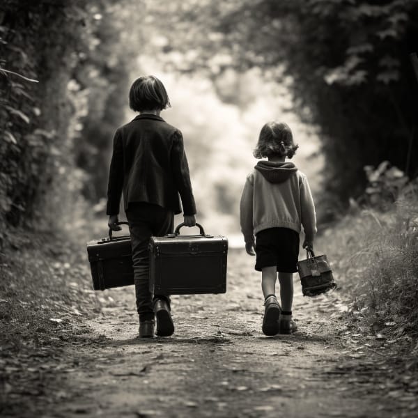 two young children carrying their cases to meet their dad