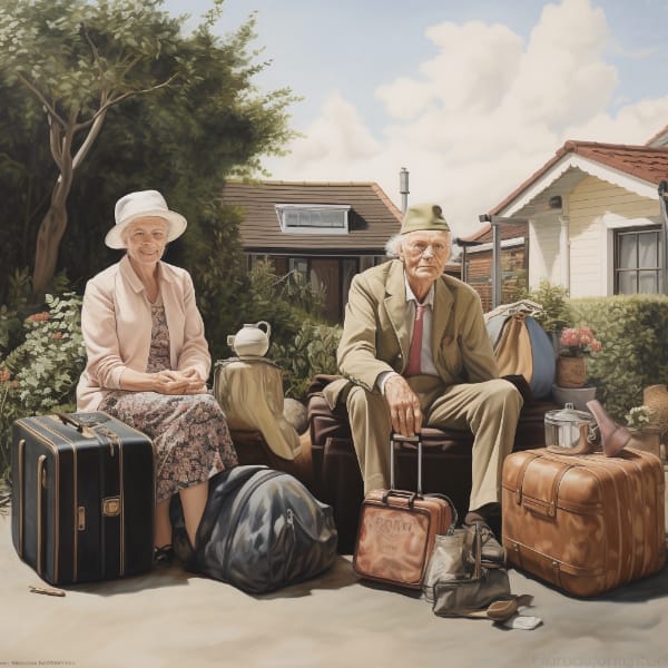 An aged man and woman sitting on suitcases