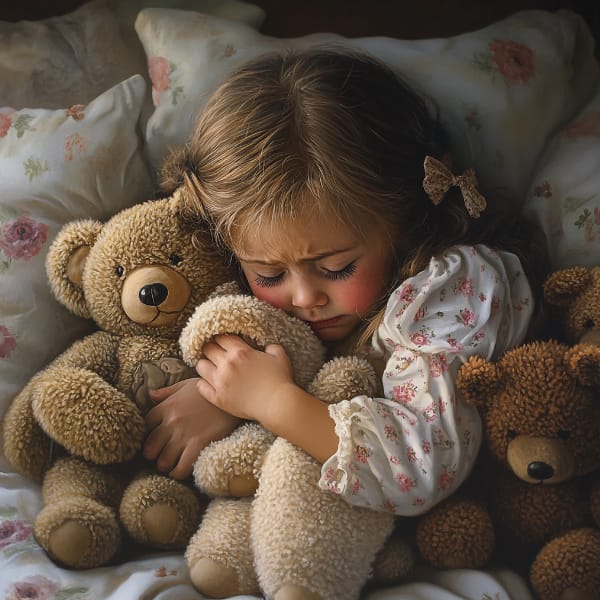 sad little girl cuddling her teddies