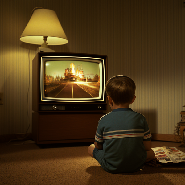 A little boy watching a tv from the 70s. alone 