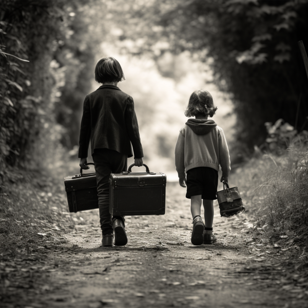 A little girl and boy holding suitcases walking down a lane