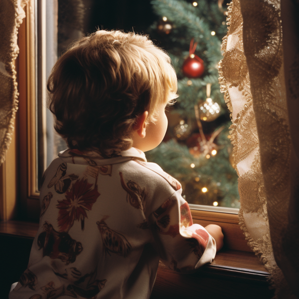 a little boy staring out of the window at the neighbours Christmas tree