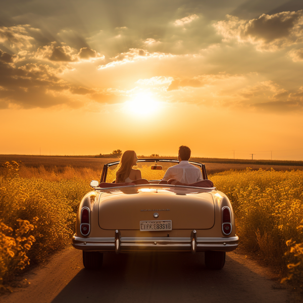 A man and woman in a convertible car driving into the sunset