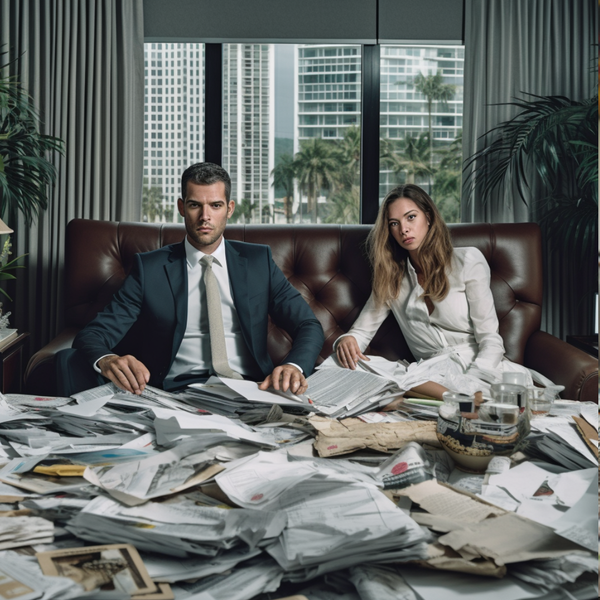  A man and woman surrounded with financial documents looking fed up