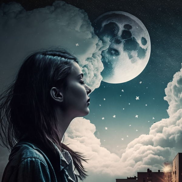 A woman standing outside calm, the moon in the background with clouds and stars in the sky