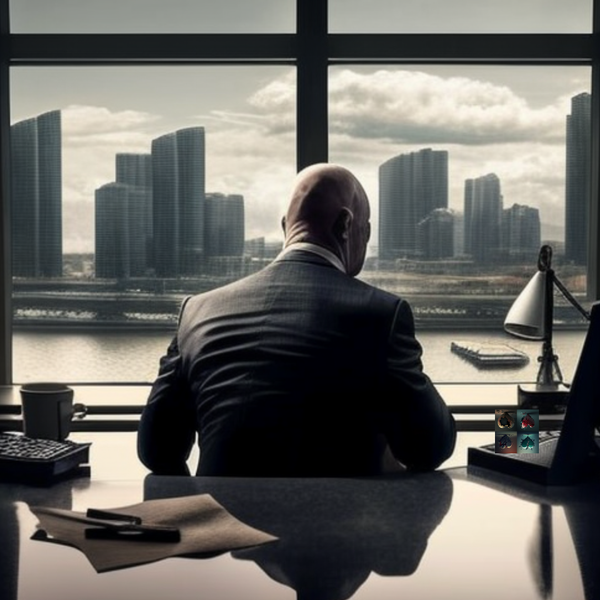 A bald man in a suit sitting at his office desk looking out of the window