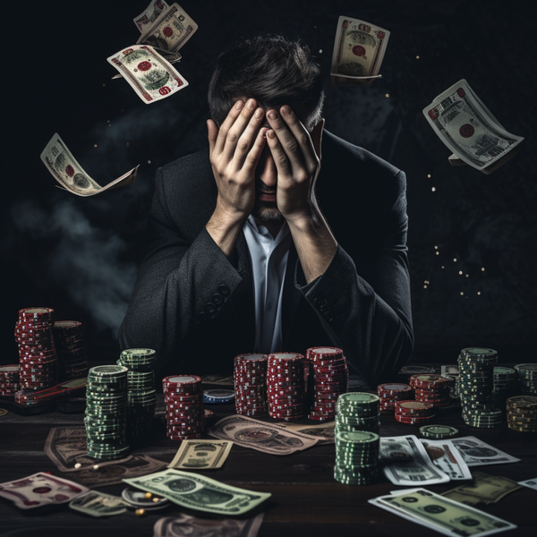 a man with his hands covering his face, money in the air and gambling chips on the table