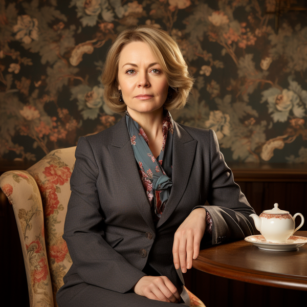 A lady sitting on a chair, wearing a suit and staring straight at the camera