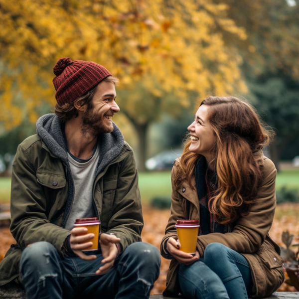 A man and woman drinking coffee chatting on a park bench