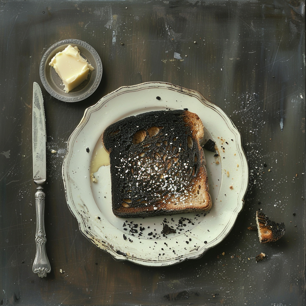 A place with a slice of burnt toast, butter in a dish and a silver knife