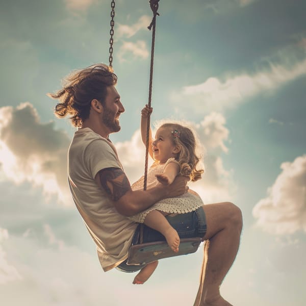 girl smiling at her dad on his lap on a swing. 