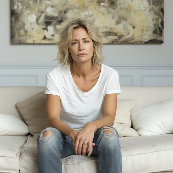 A blonde haired woman wearing ripped jeans sitting on a white sofa 