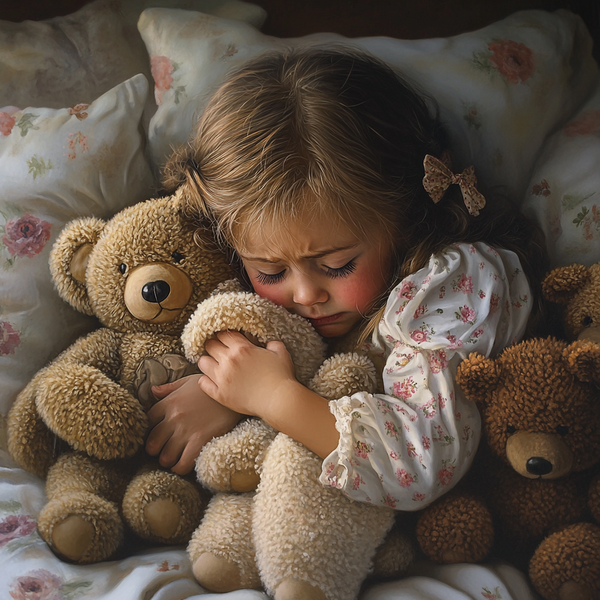 Little girl crying hugging her teddy bears