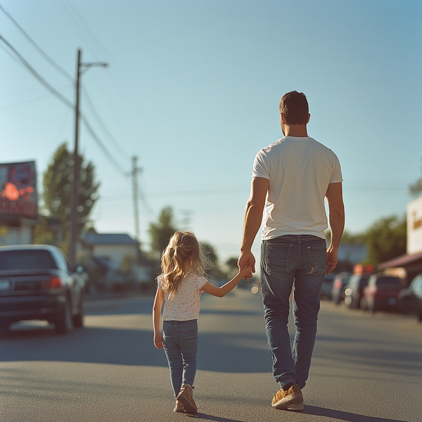 Man in white t-shirt and jeans holding his young daughter's hand.