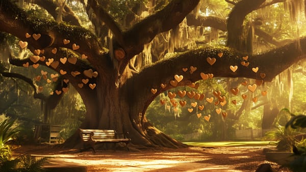 A large tree with hearts hanging instead of leaves