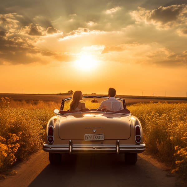 A man and woman driving into the sunset in a convertible car