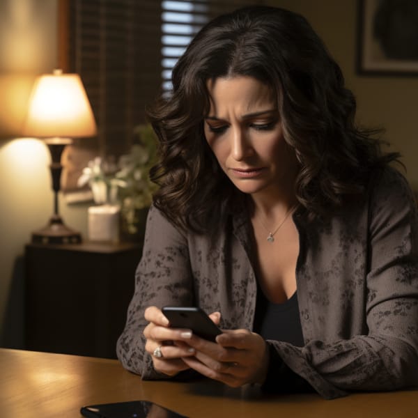 A  stressed woman looking at her phone