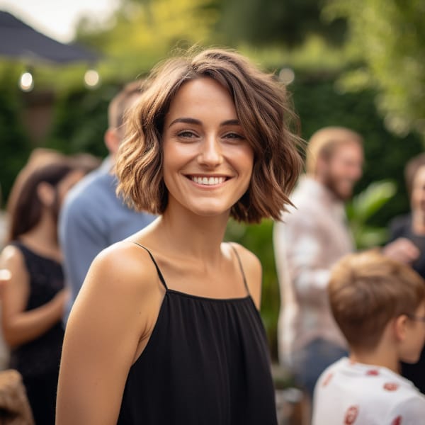 A brunette smiling at the camera