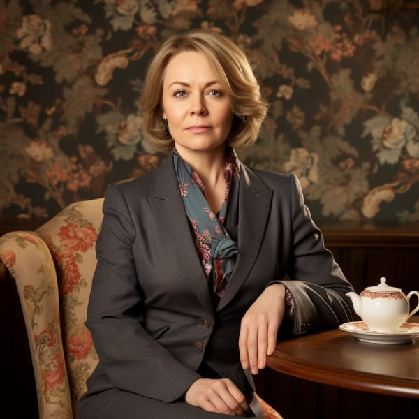 An elegant English woman with a pot of tea staring at the camera