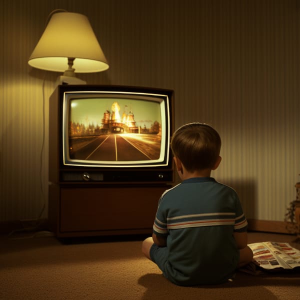  A little boy watching TV alone 