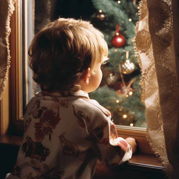 A little boy looking at a Christmas tree outside a window