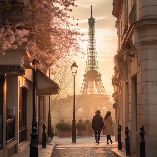 Man and woman at dawn walking towards the Eiffel Tower