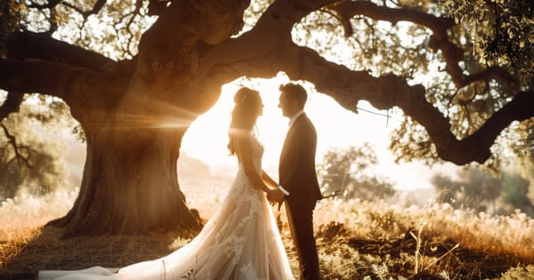 A bride and groom holding hands under a tree