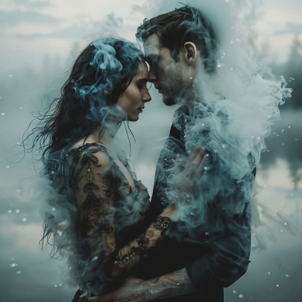 A couple holding each other with smoke